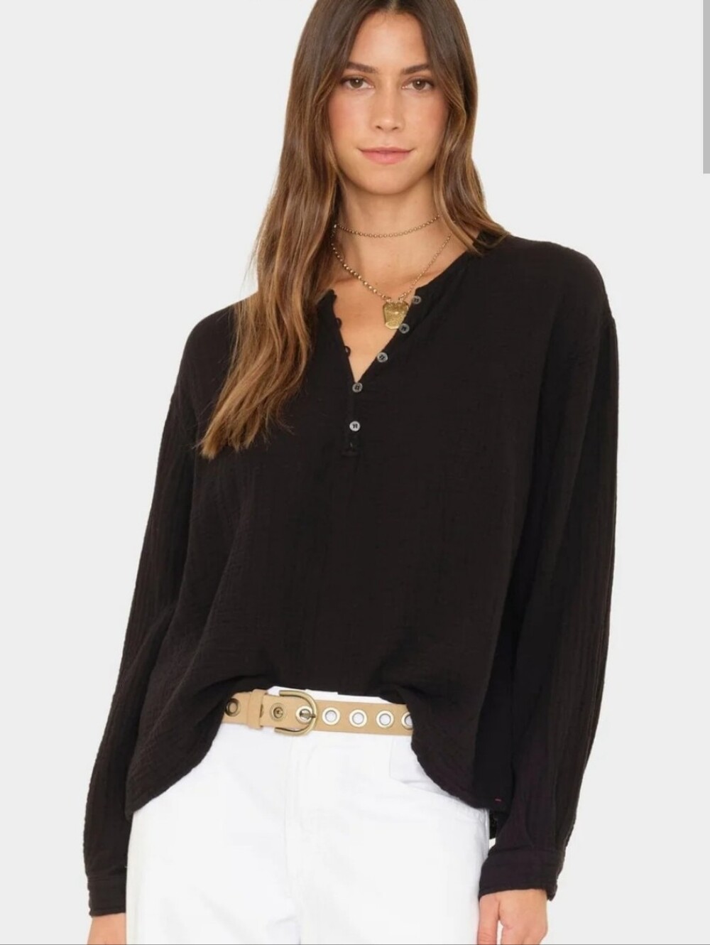 XiRENA Black Long-Sleeve Henley Top